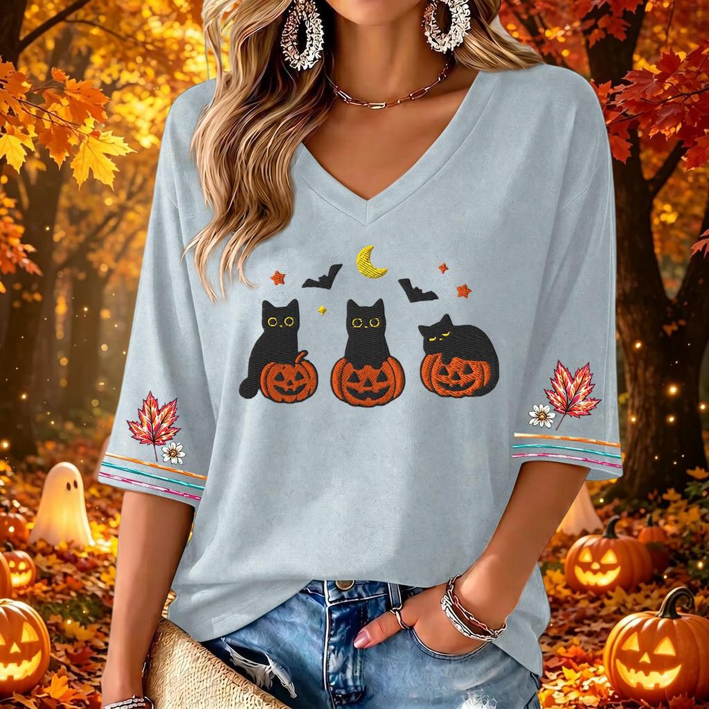 Women's Casual V-Neck Halloween Print Three-Quarter Sleeve Blouse for Halloween Party