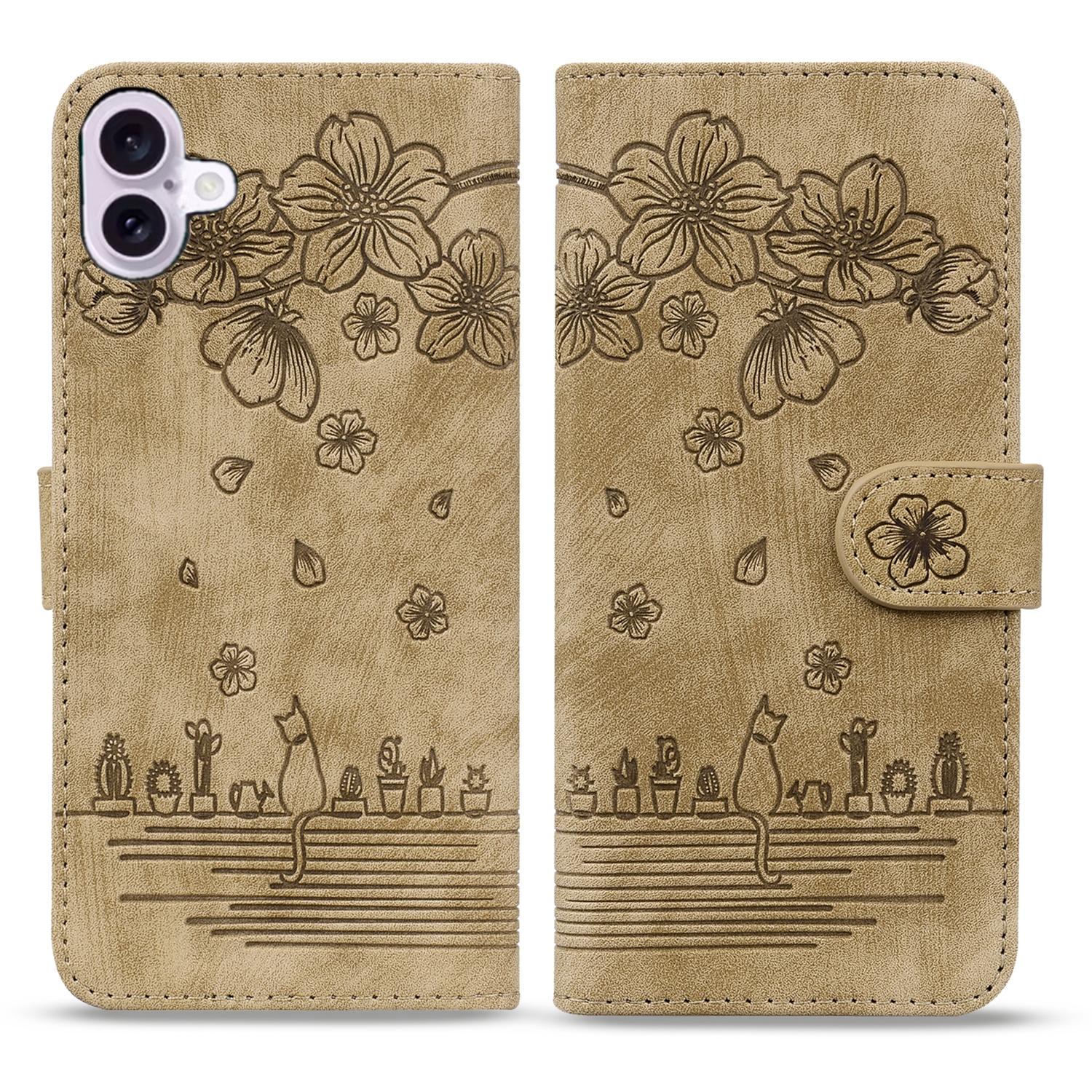 

For iPhone 16 Plus Case Flower Cat Imprinted Leather Phone Cover with Card Holder Wallet Brown