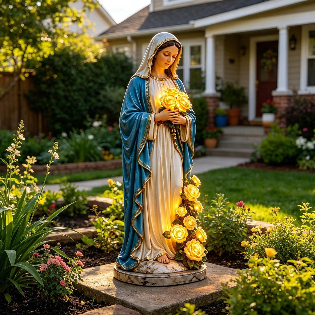 Mary Lady Garden Light Solar Resin Waterproof Decorative Lights Mary Statue Flowers Goddess Statue with LED Luminous Rose