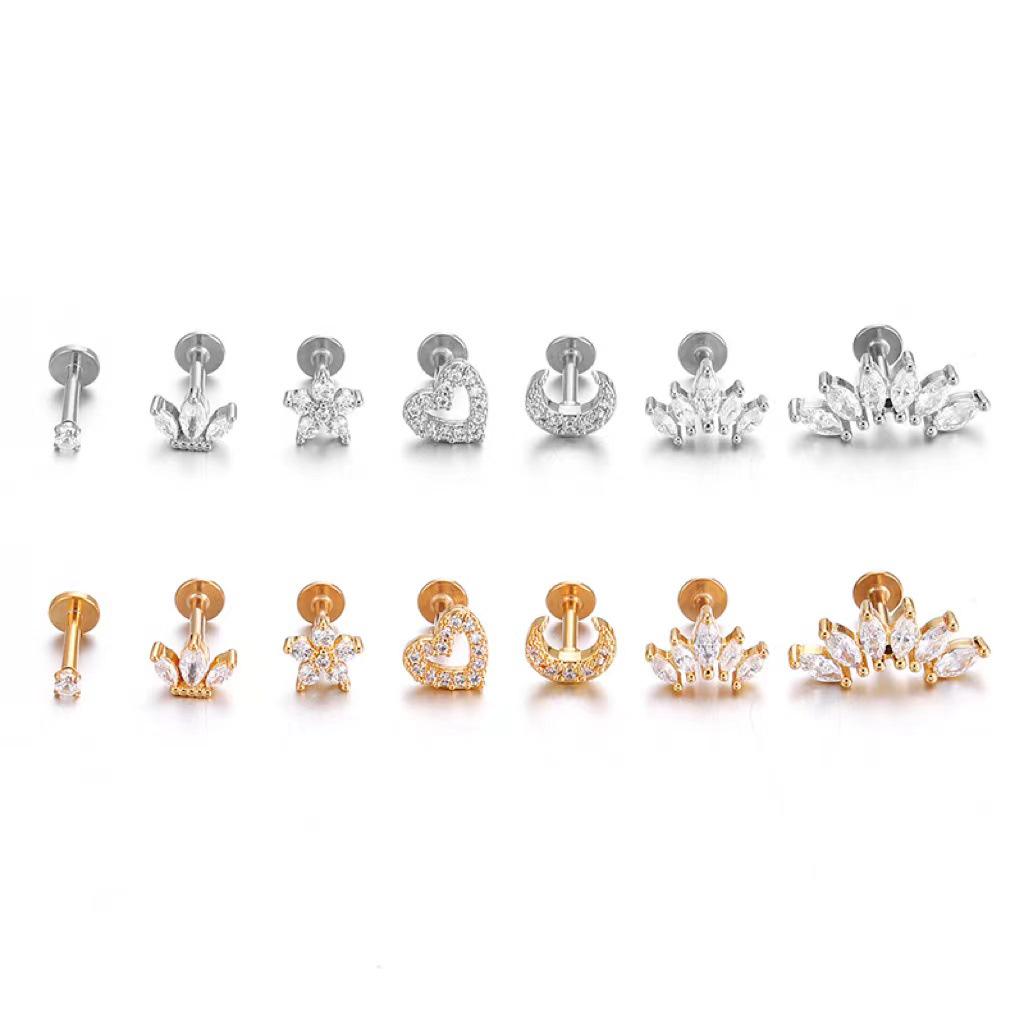 Zircon Heart & Flower Stainless Steel Labret Stud for Ear Cartilage Piercing