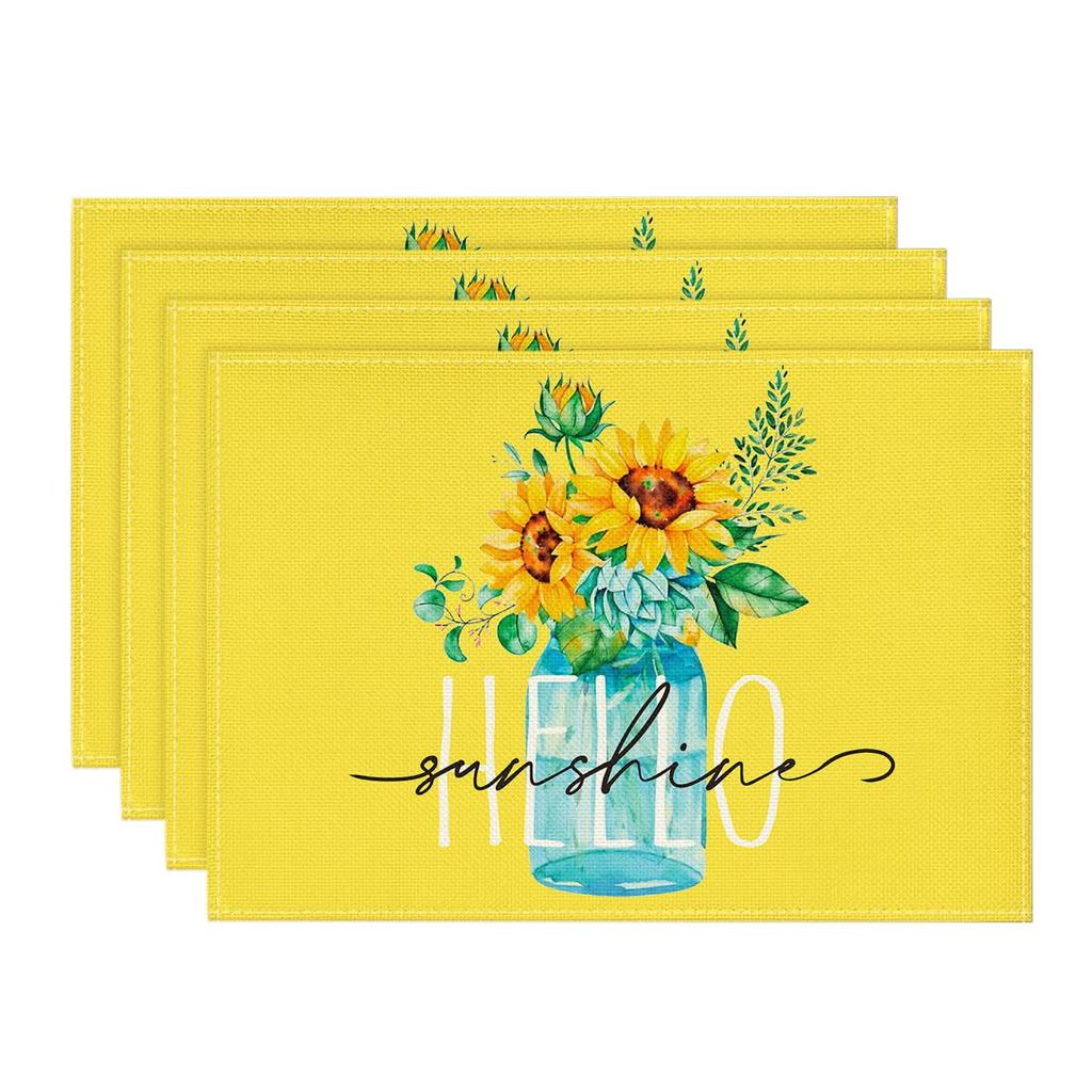 Yellow Hello Sunshine Sunflower Summer Placemats for Dining Table, 12 X 18 Inch Spring Holiday Decoration Rustic Vintage Washable Table Mats Set of 4