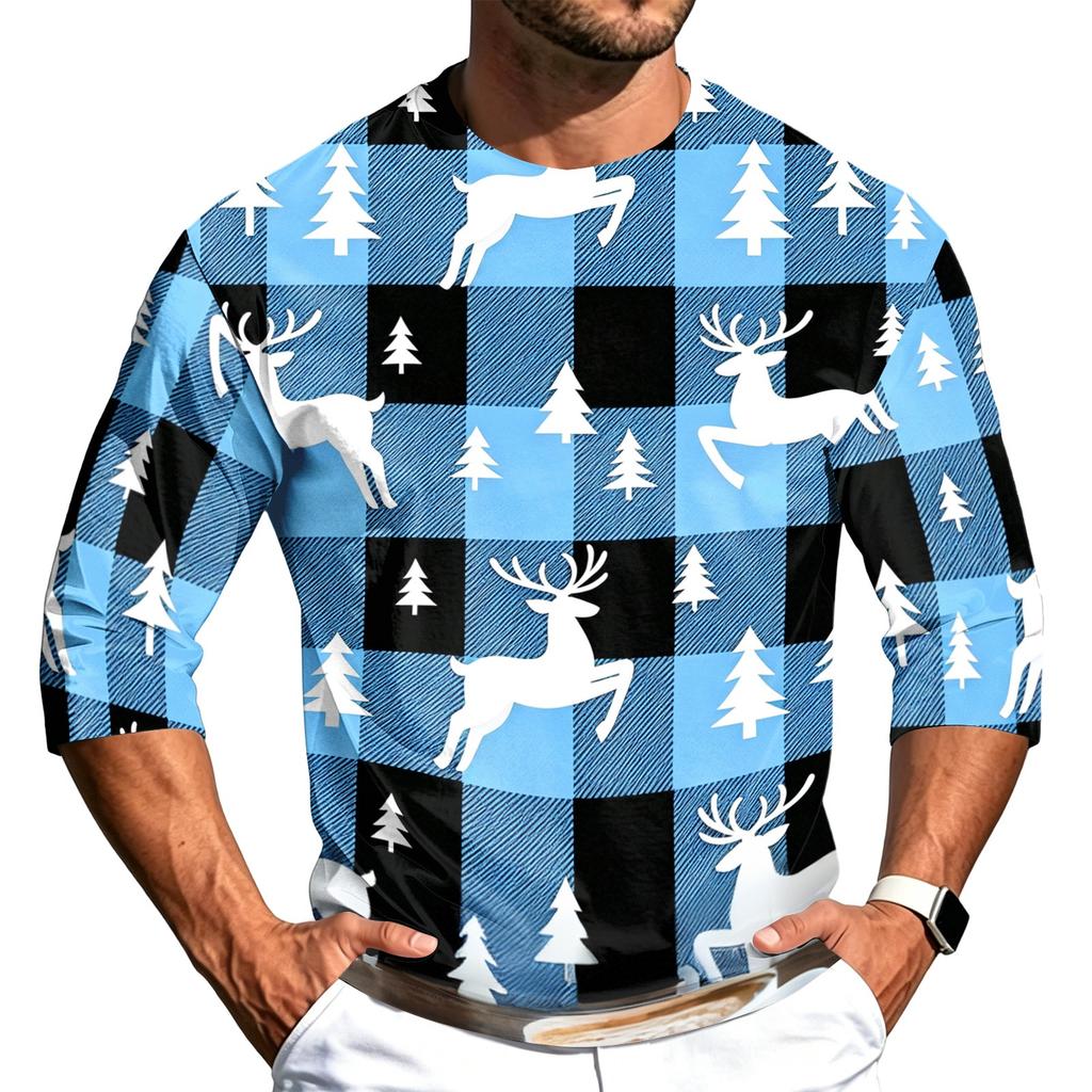 Men's Casual 3/4 Sleeve Neck T-Shirt with Christmas Print Holiday Top