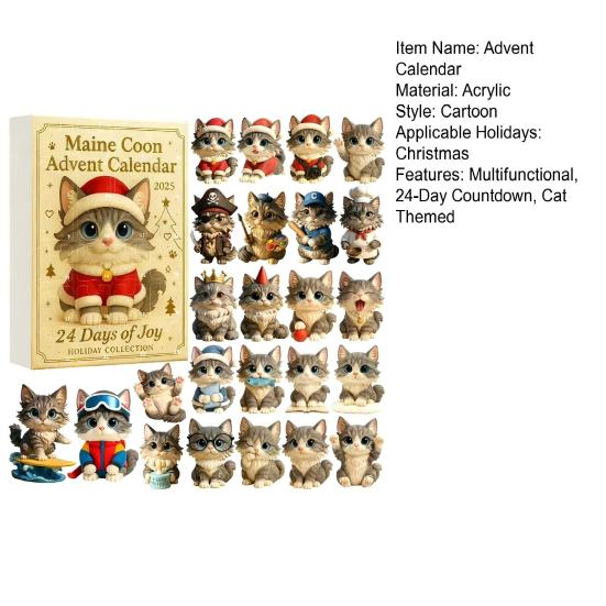 Katteelskere Adventskalender 24-dagers Jule-nedtelling Dekorasjon 2D Flat Akryl Katteanheng Multifunksjonell