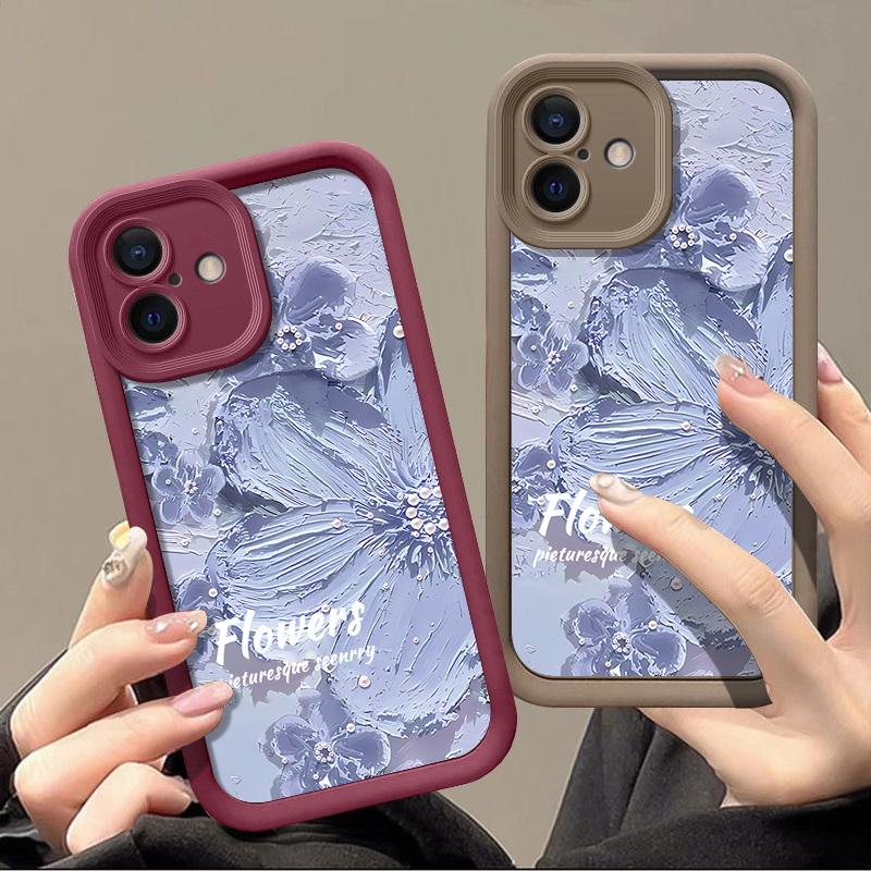 Candy Color Tpu Soft Phone Case for iPhone 16 Pro 15 14 Plus 13 12 11 Pro Max Xs Xr 8 7 Shockproof Relief Blue Flower Pattern Lens Protection Cover