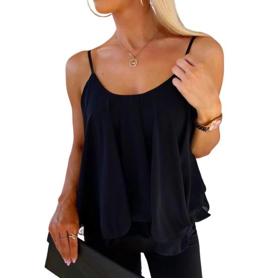 Women Tops Lightweight Chiffon Sleeveless Blouse Layered Ruffle Hem Loose Fit Casual Summer Sling Vest S чёрный