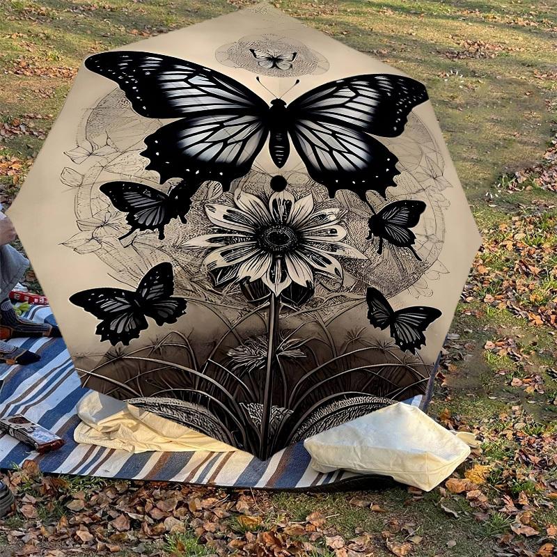 1pc Butterfly Flower Automatic Open/Close Umbrella Compact Folding Umbrella with 8-Rib Shaft for Women/Men, Elegant Birthday1224S