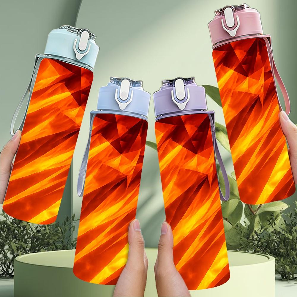 1PC Bright Red Orange Flame Fire Texture Print 750ml Color Plastic Sports Water Bottle Leakproof Flip Straw Lid Suitable for Sports Office Home Use