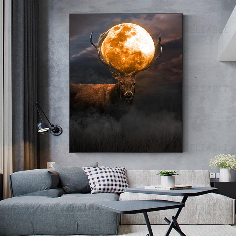 Abstract Canvas Painting with Animals, Deer Painting, Landscape, Horns, Posters and Prints for Living Room Decor, House Decoration, Cuadros