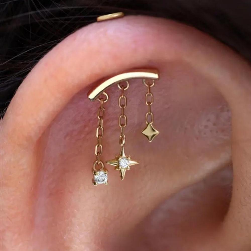 CANNER 1PC 925 Silver Eight-pointed Star CZ Piercing Earring For Women Tassel Chain Stud Earring Party Fine Jewelry