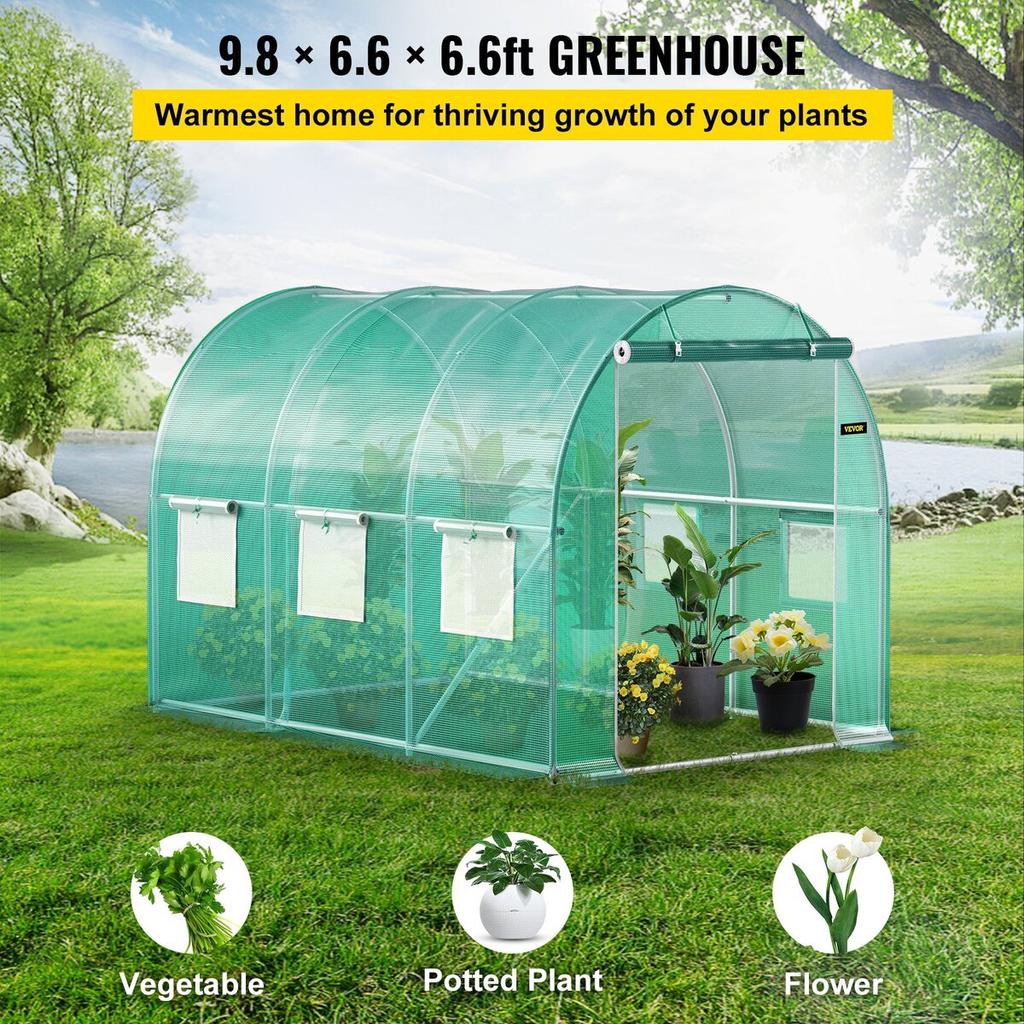 Walk-in Tunnel Greenhouse, 10 x 7 x 7 ft Portable Plant Hot House w/ Galvanized Steel Hoops, 1 Top Beam, Diagonal Poles, Zippered Door & 6 Roll-up