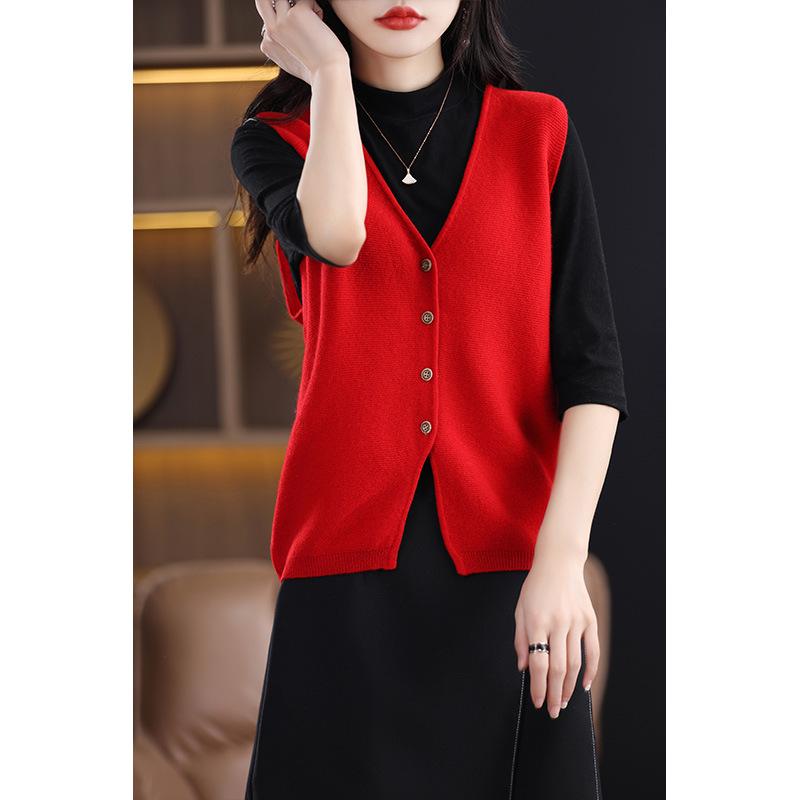 Women's V-Neck Wool Vest, Sleeveless Cardigan Sweater for Spring and Autumn