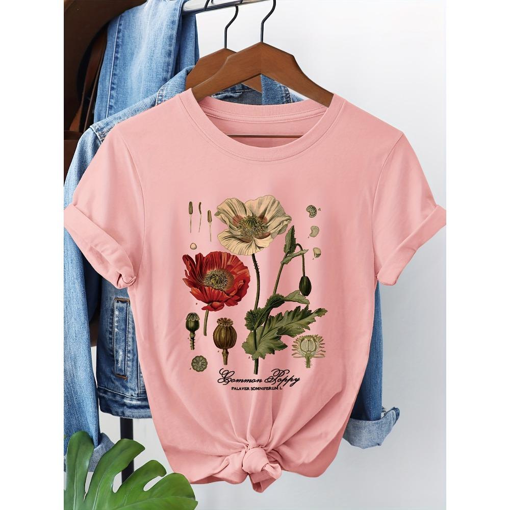 Round Neck T Shirt with Poppy Flower Print Summer Short Sleeved Harajuku Streetwear Tops Tees Clothe