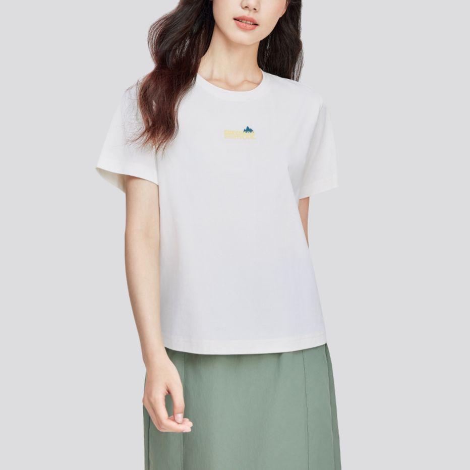 Skechers American Vintage Letter Print Loose Quick-Dry Breathable Crew Neck Pullover Short Sleeve T-Shirt Women Tops Cotton-Candy-White L224W030-0074