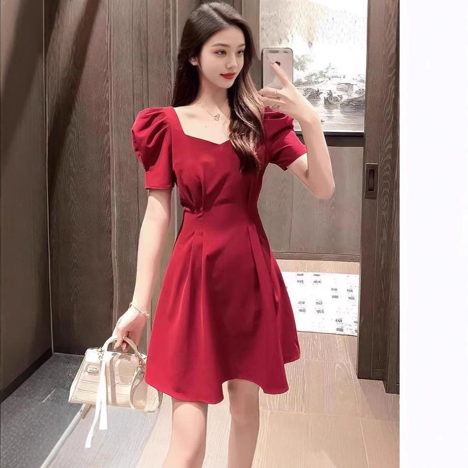 

French Red Backless Puff Sleeve Dress with Square Neck and Waist-Hugging Design for Women 2025 S