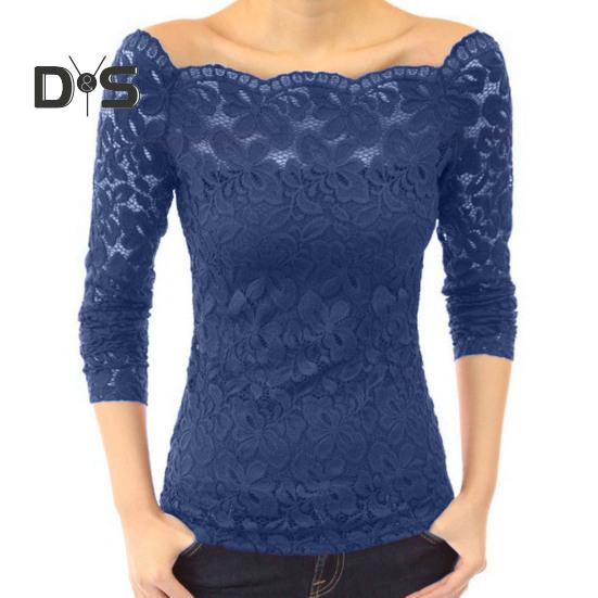 Bluzki damskie z kołnierzykiem skośnym, długimi rękawami, koronkowa koszula, koronkowe łączenie, jednolity kolor, dopasowany krój, haftowane koronkowe kwiatki