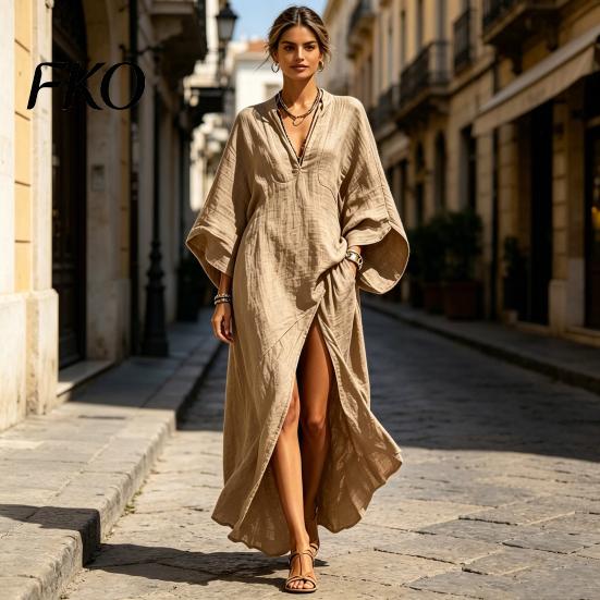 Sweat-absorbent Dress Women's Cotton Linen Maxi Dress, V Neck Batwing Sleeve Comfortable Daily Wear High Split Loose Casual Beach Sundress with