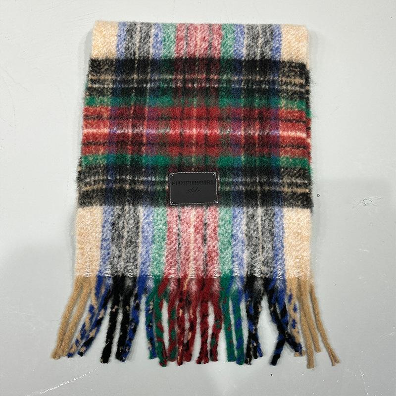 New plaid wool niche contrasting scarf women's autumn and winter thickened warm scarf high-end fringed shawl