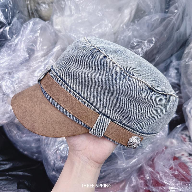 Korean style autumn/winter washed leather denim newsboy cap - women's, large head size, face-slimming, knight cap