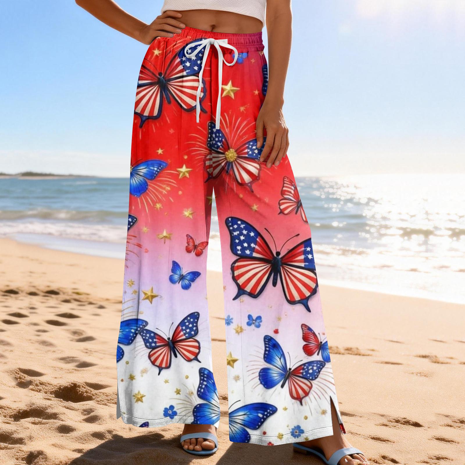 

Женские летние брюки-палаццо в стиле бохо с высокой талией, широкие повседневные брюки с принтом и карманами S