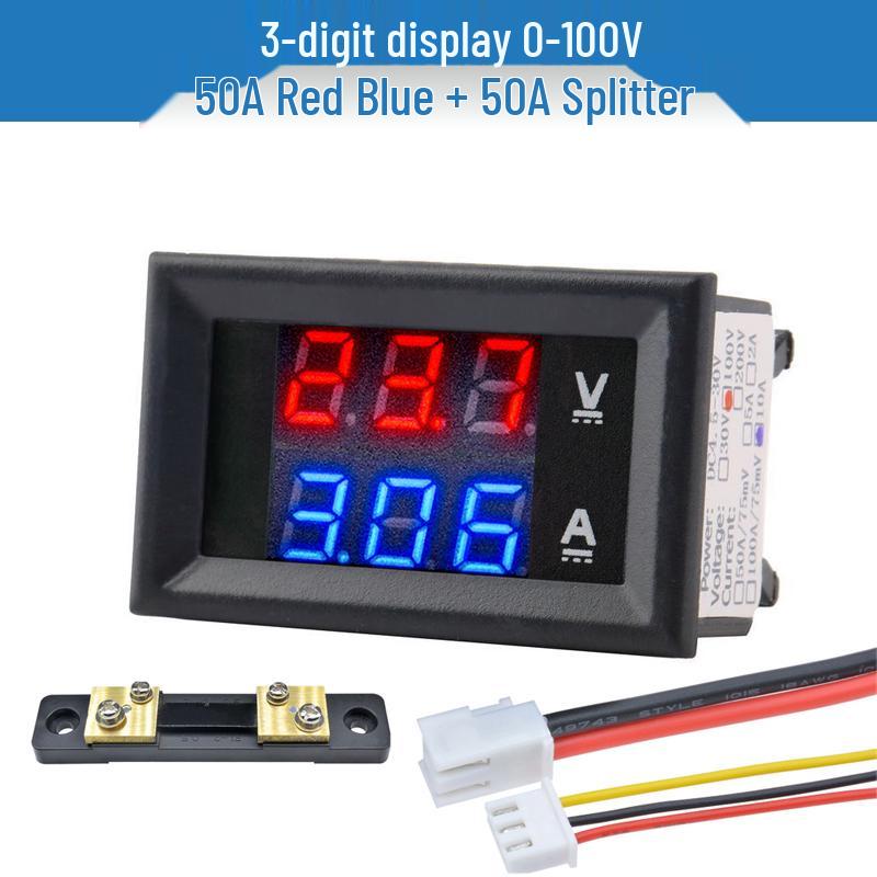 Digital LED DC Current Voltage Meter, Dual Display: 0-100V/200V, 10A/50A/100A Ammeter