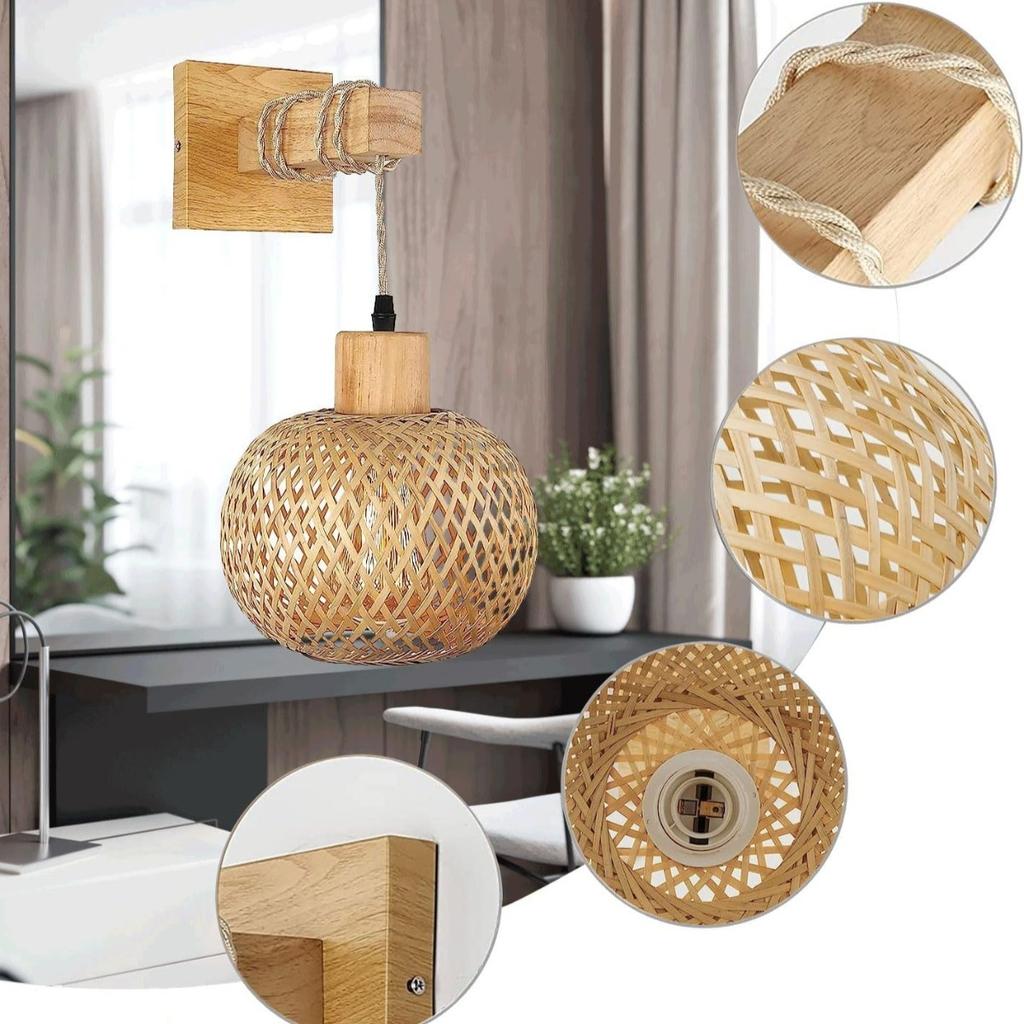JOYINLED Japanese Boho Chandelier, E27 Bamboo Woven Wall Light for Bedroom Bathroom Living Room Vintage Rattan Plug-in Lamp 20cm