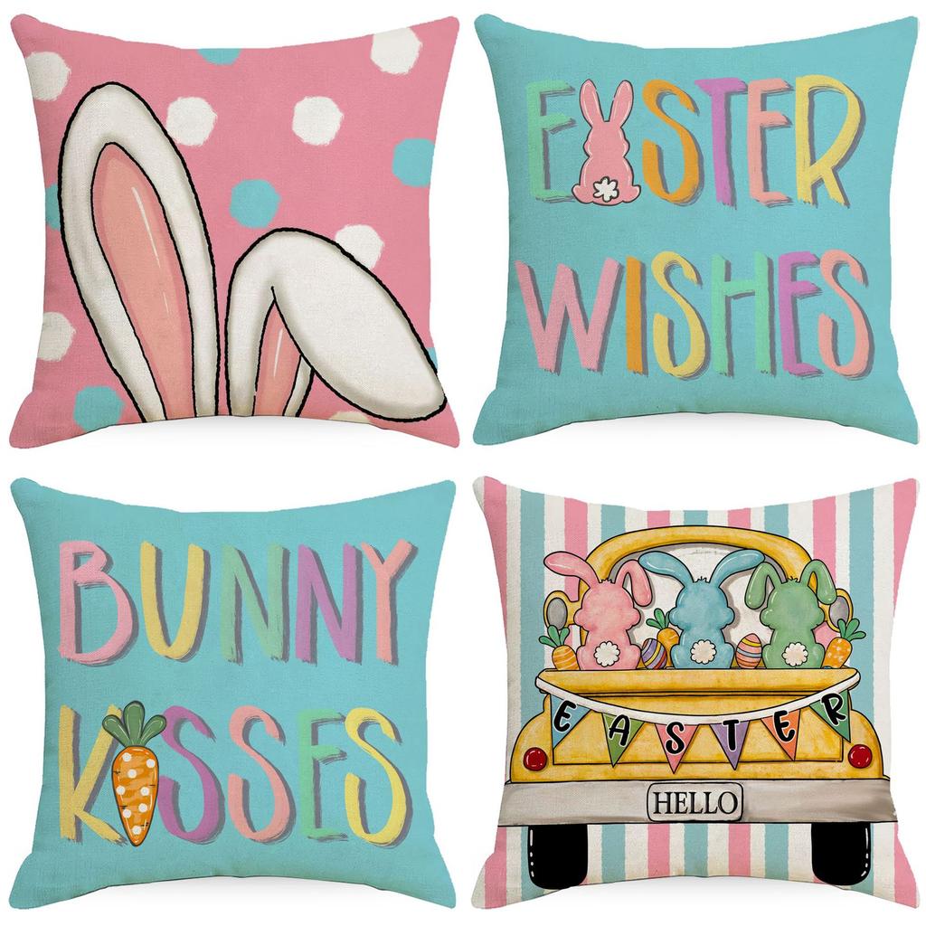 Easter Pillowcase Colorful Letters Linen Print Festive Decoration Home Sofa Cushion Cover Pillowcase