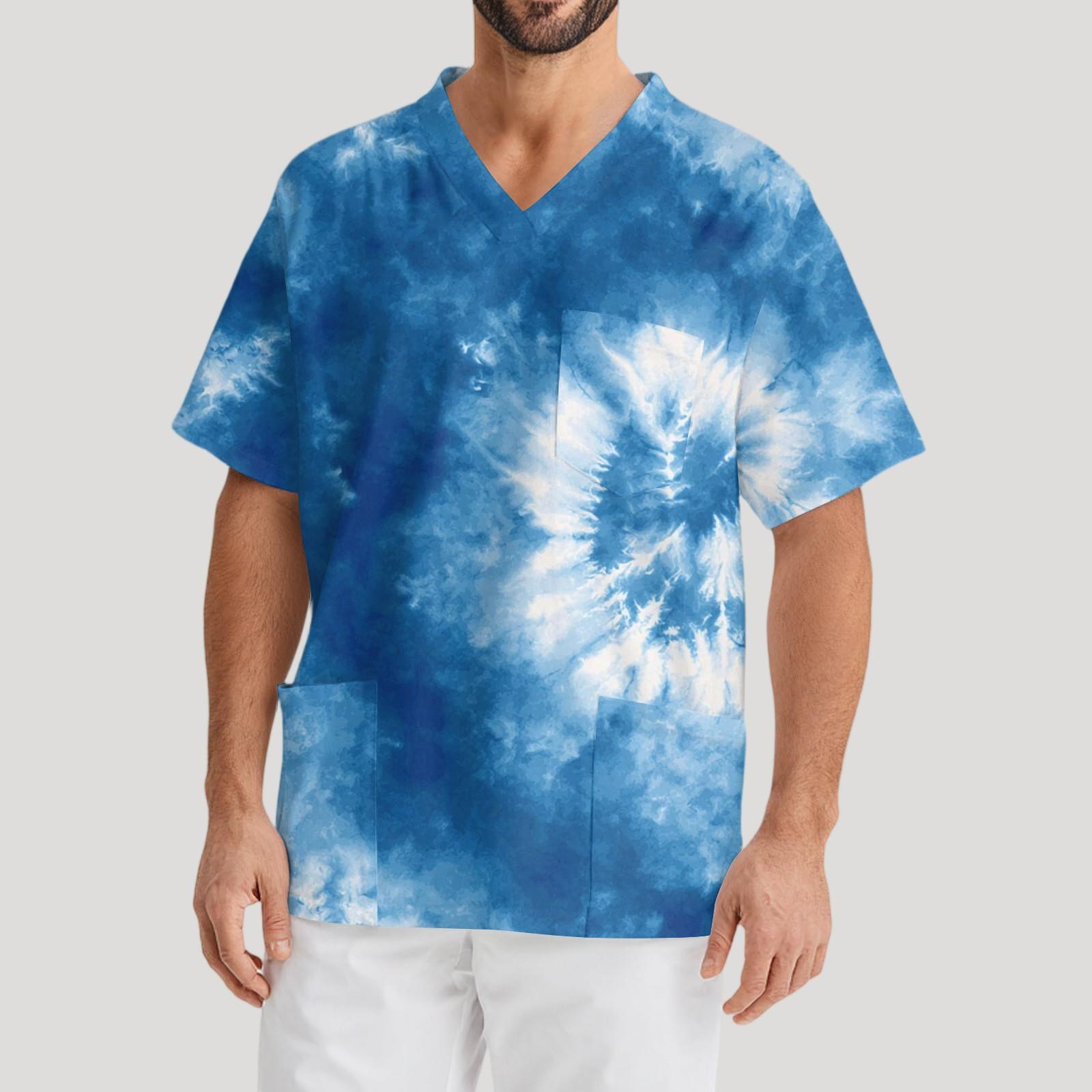 

Мужская рабочая блузка с короткими рукавами и v-образным вырезом с принтом, топ с нагрудным карманом XL небесно-голубой