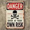 RusticRisk Vintage Metal Wall Sign Gothic Entry Sign with Skull Design, Heavy Duty Iron Sign "Enter at Your Own Risk", Gothic Ho