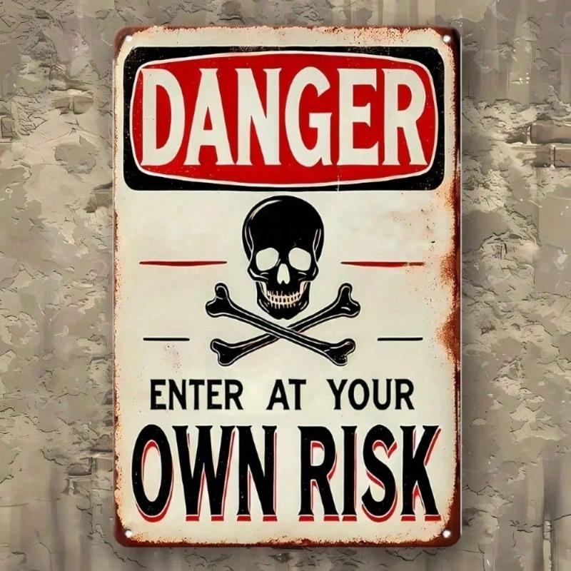 RusticRisk Vintage Metal Wall Sign Gothic Entry Sign with Skull Design, Heavy Duty Iron Sign "Enter at Your Own Risk", Gothic Ho