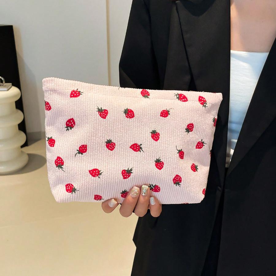 Manšestrová kosmetická taška se vzorem jahod se zipem, velkokapacitní přenosná taška na mytí a péči o pleť pro ženy, cestovní pouzdro na nezbytnosti