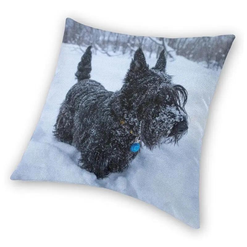 Scottish Terrier In A Winter Snow Throw Pillow CaseHome Decorative Custom Square Scottie Dog Cushion Cover Pillowcover for Sofa