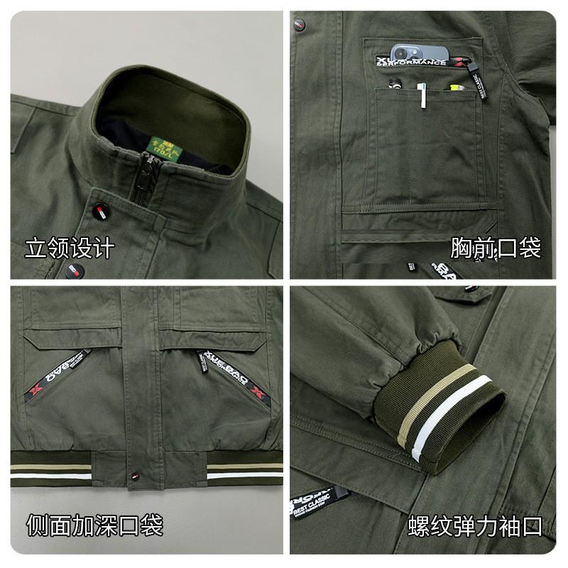 Mens Military Green Workwear Set With Double-Layer Top Elastic Waist Multiple Pockets Cotton Blend Mechanics Outdoor
