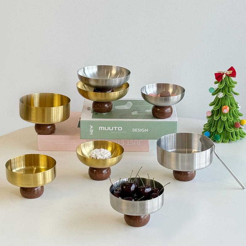 Stainless Steel Round Wood Base Dessert Cup & Bowl Set Ice Cream Cup Silver 150ml