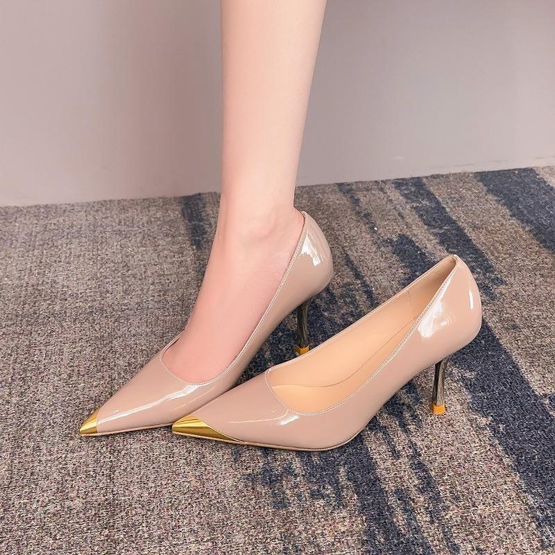 Autumn New Widened High Heels Patent Leather Pointed Heel Iron Head Temperament Professional Single Shoes Women's Wide Fat Feet Shoes
