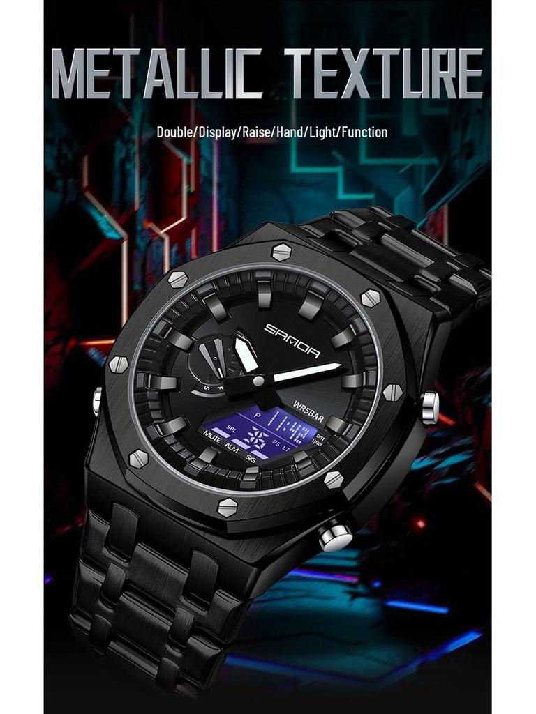 Sanda Octagonal Steel Band Multifunctional LED Light Watch for Men - TikTok Trendy Heartbeat Monitor Watch