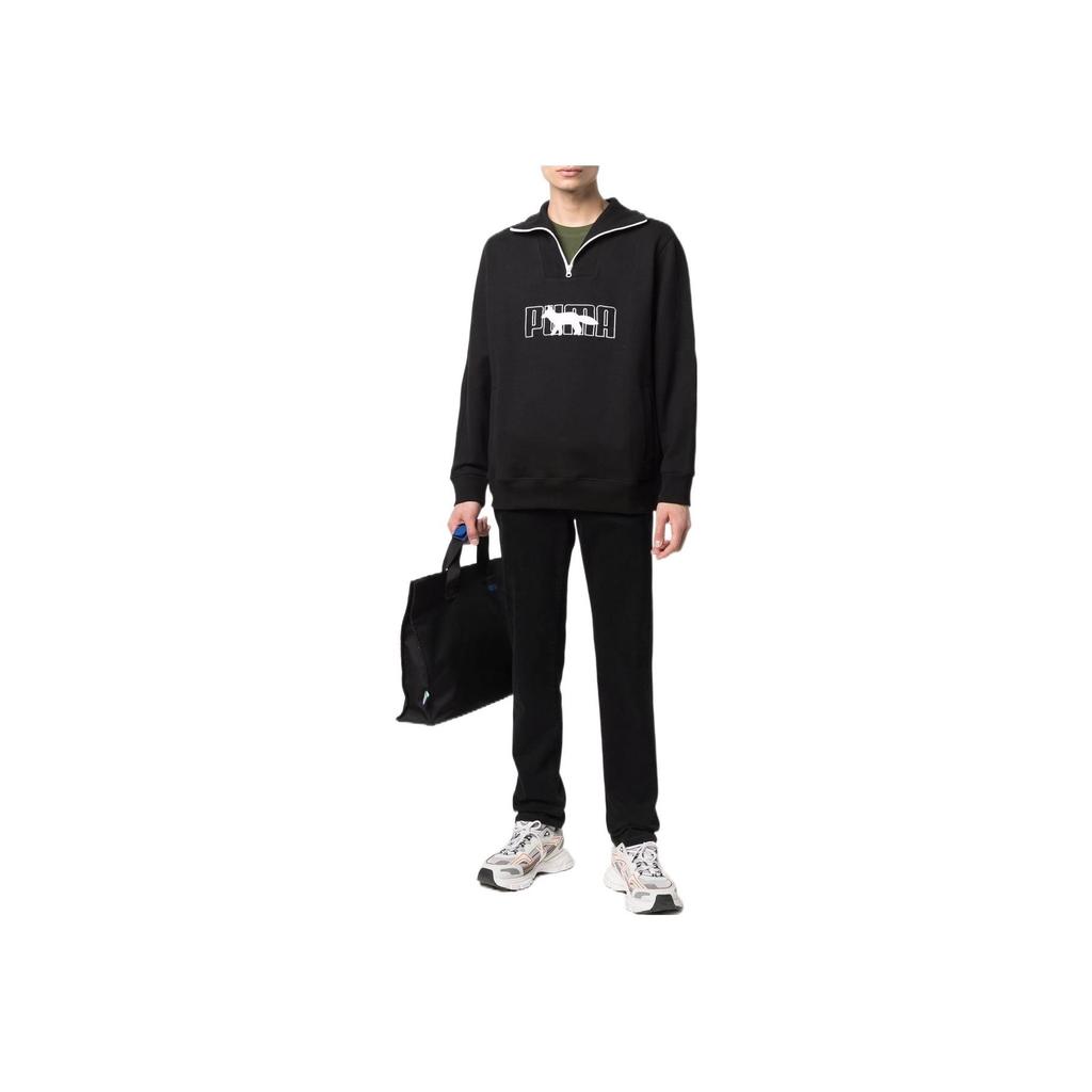 Puma X Maison Kitsune Collaborative Logo Print Half-Zip Sweatshirt Men Tops Black 532322-01