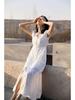 White Lace Mid-Length V-Neck Travel Dress - Korean Style 2025