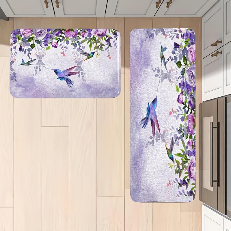 1 x Anti-Ermüdungs-Küchenteppich, Vogel- und Blumendruck, wasserdicht, rutschfest, dick gepolstert, robuste, bequeme Stehmatte für die Küche