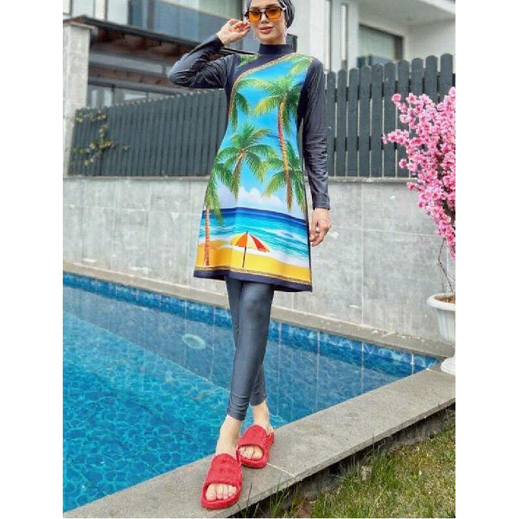 New Styles In Various Colors and Prints Modest Muslim Burkini 2-piece Set Long-sleeved Tunic and Full-length Leggings Set - Muslim Swimwear - Summer