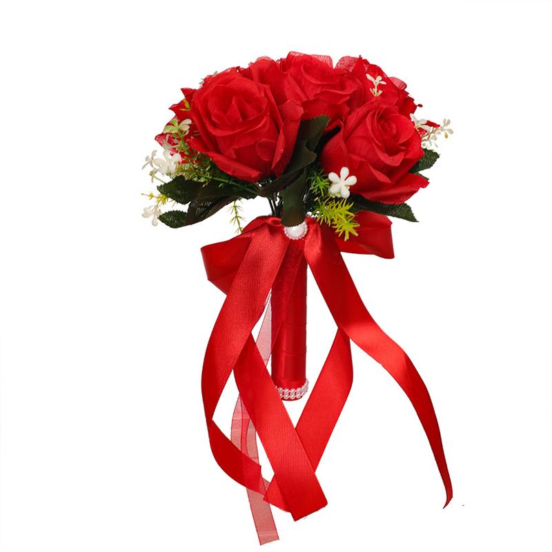1pc Holding Flowers Artificial Natural Rose Wedding Bouquet With Silk Satin Ribbon Bridesmaid Bridal Party Wedding Accessories