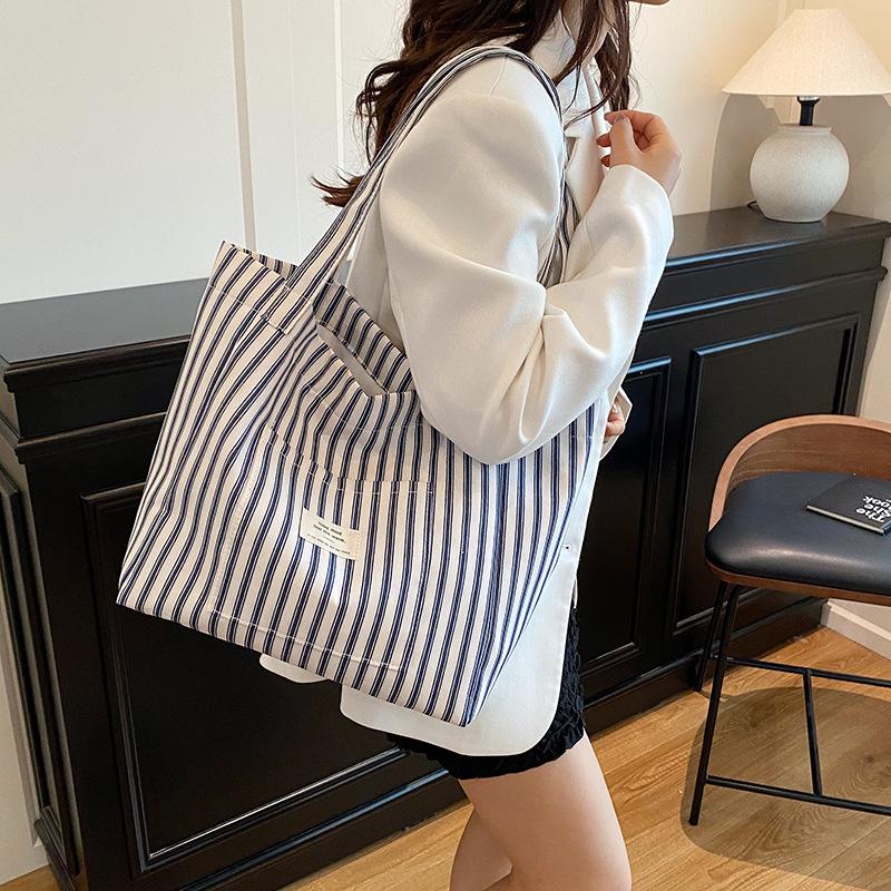 Ctrast Color Stripes Women Shoulder Bags Versatile Ladies Large Capacity Tote Bag Lightweight Portable Female Shopping Handbag