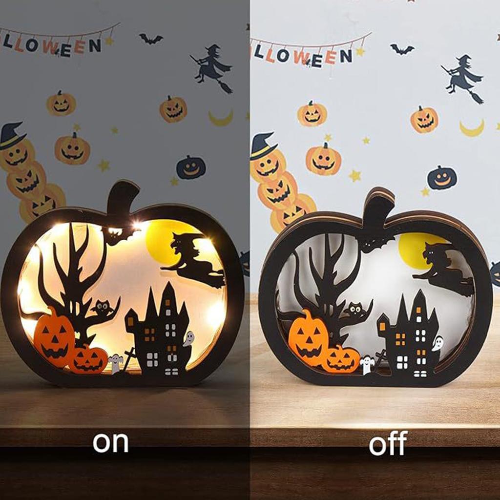 Halloween Kürbis Tisch Holzdekoration mit LED-Lichtern, Ein schreckliches Halloween-Partyraum-Dekorationselement