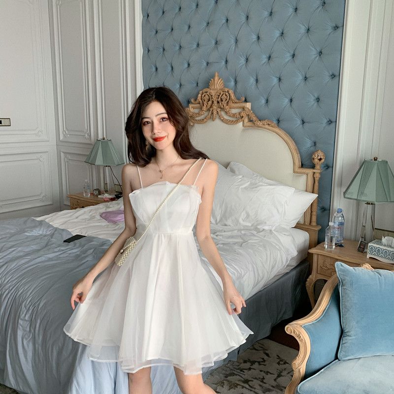 Sweet and Super Fairy Mesh Dress Women's Sleeveless Ruffle Mesh Camisole Dress High Waist A Line Short Mini Skirt Suitable for Parties Vacations