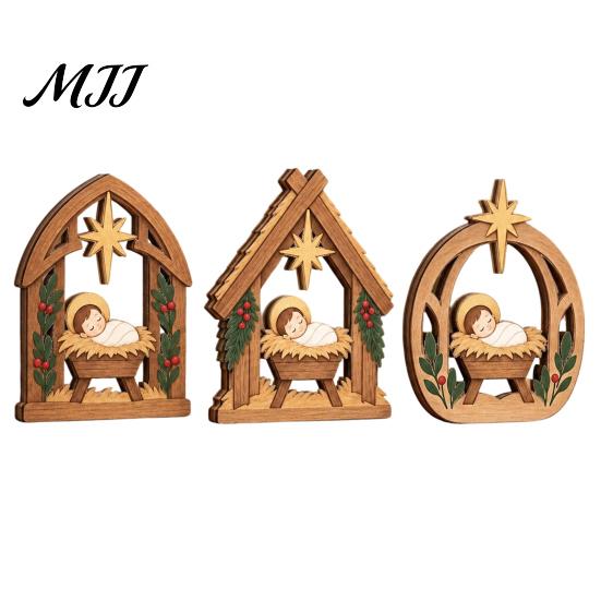 Stable Solid Wood Crafts 3Pcs Wooden Nativity Scene Decor, Christmas Manger Ornaments, Holy Family Vintage Style Xmas Ornaments Baby Jesus Tabletop