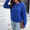 ZANZEA Womens Crew Neck Plaid Texture Casual Knitted Pullovers Sweaters Jumpers