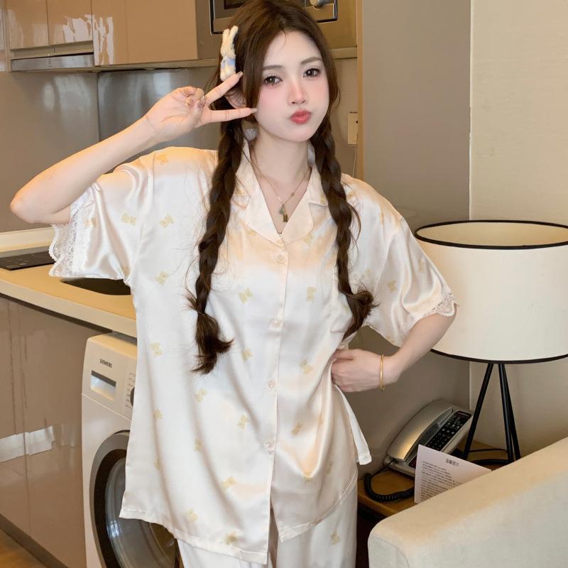 Ice Silk Pajamas Female Cute Wind Bear Summer High-End Cartoon Short-Sleeved Trousers Loungewear