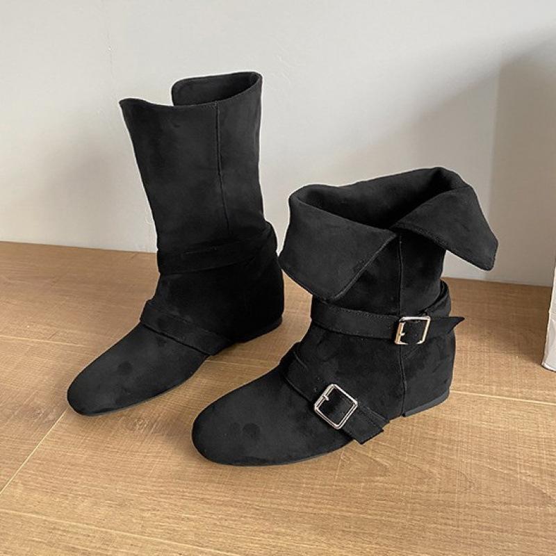 Korean suede retro small square head two wear folded thick heel belt buckle short boots women's autumn and winter Martin boots short boots