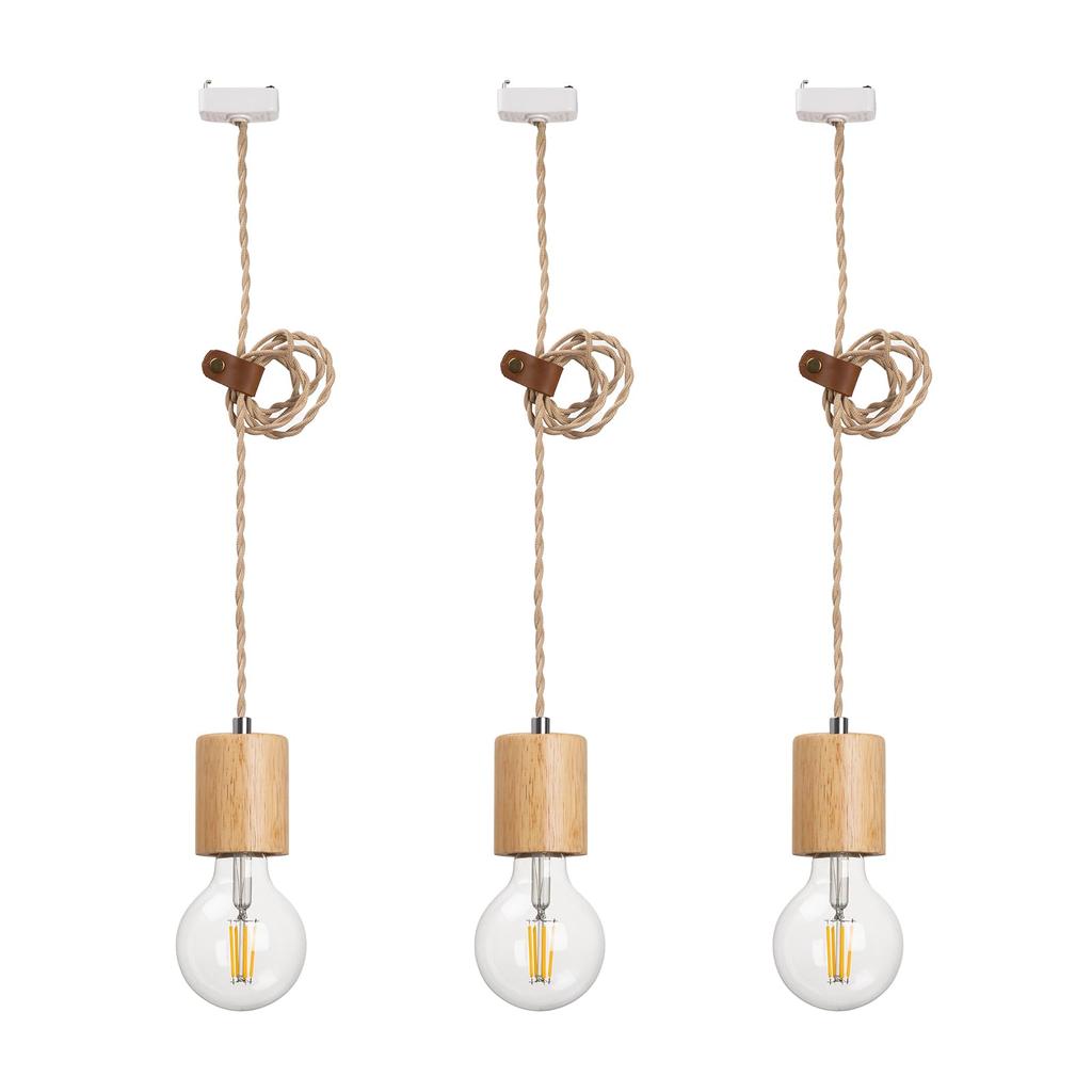 Chiko Electric Natural Wood Pendant Light, E26 Bare Bulb, Natural Color, with Leather Cord Holder, No Installation Required (For Ceiling Mounts,