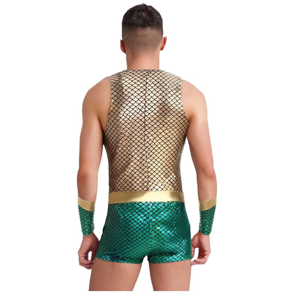 Men Sleeveless Fish Scales Print Bodysuit Sea King Sea God Halloween Cosplay Arm Sleeves Costume