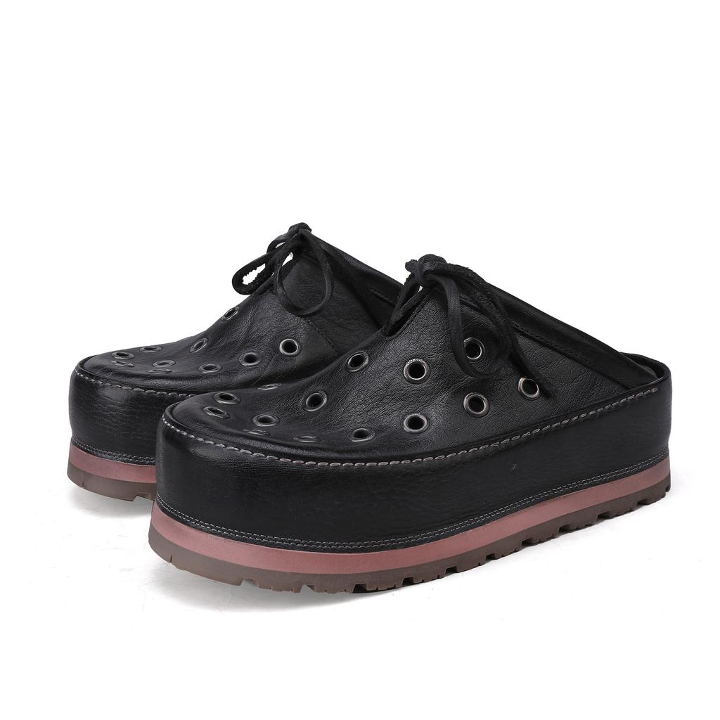 Johnature Hollowed Out Thick Soled Outdoor Fashionable Slippers Genuine Leather Round Toe Women's Slip-on Shoes